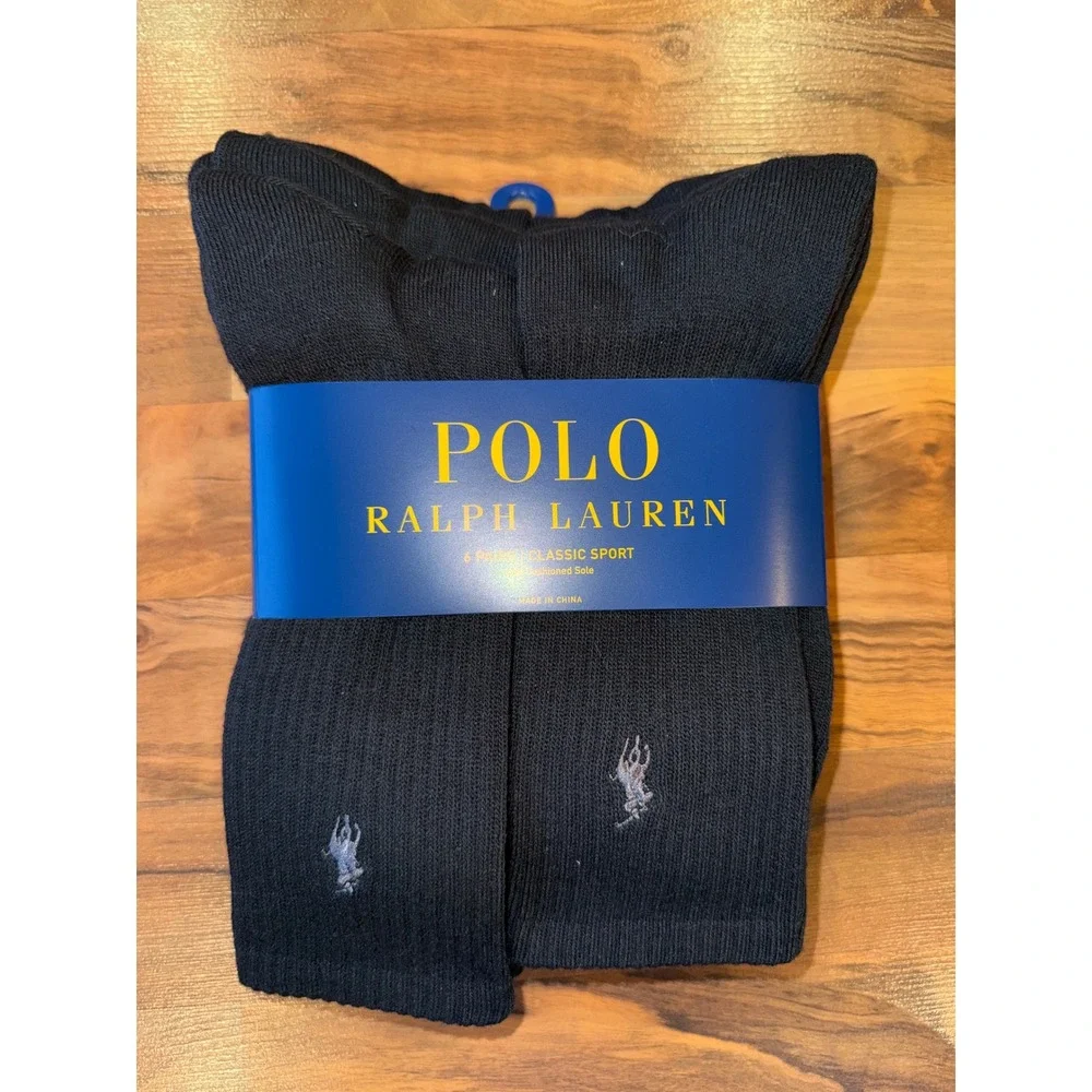 Polo Ralph Lauren 6 Pair Sock Mens 10-13 Black NWT Classic Sport Crew NEW preppy
